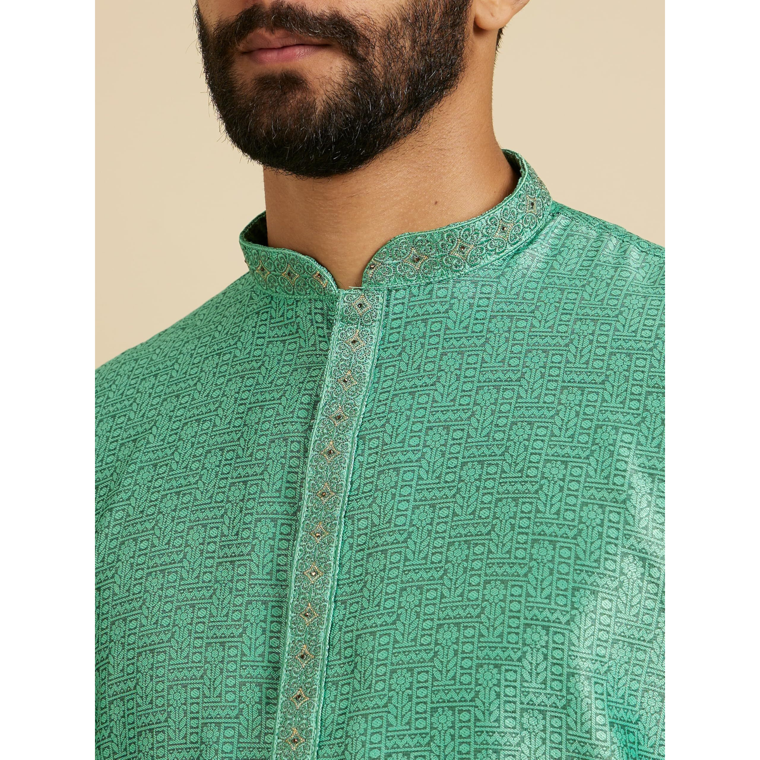 Manyavar Men's Art Silk Intricate Prints & Neck Detailing Kurta Pyjama Set (Green,3XL)