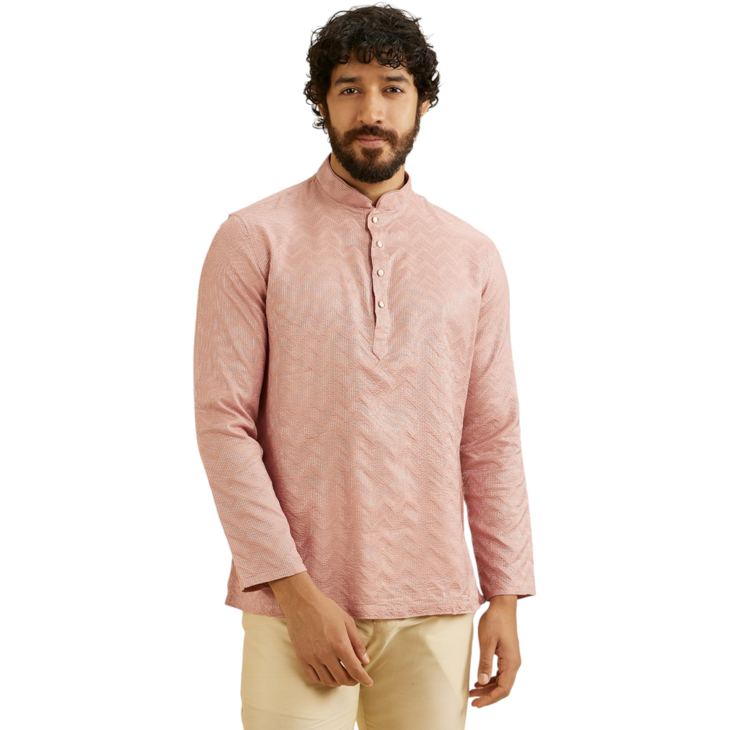 Manyavar Men's Viscose Blend Textured Short Kurta (Pink,XXXL)