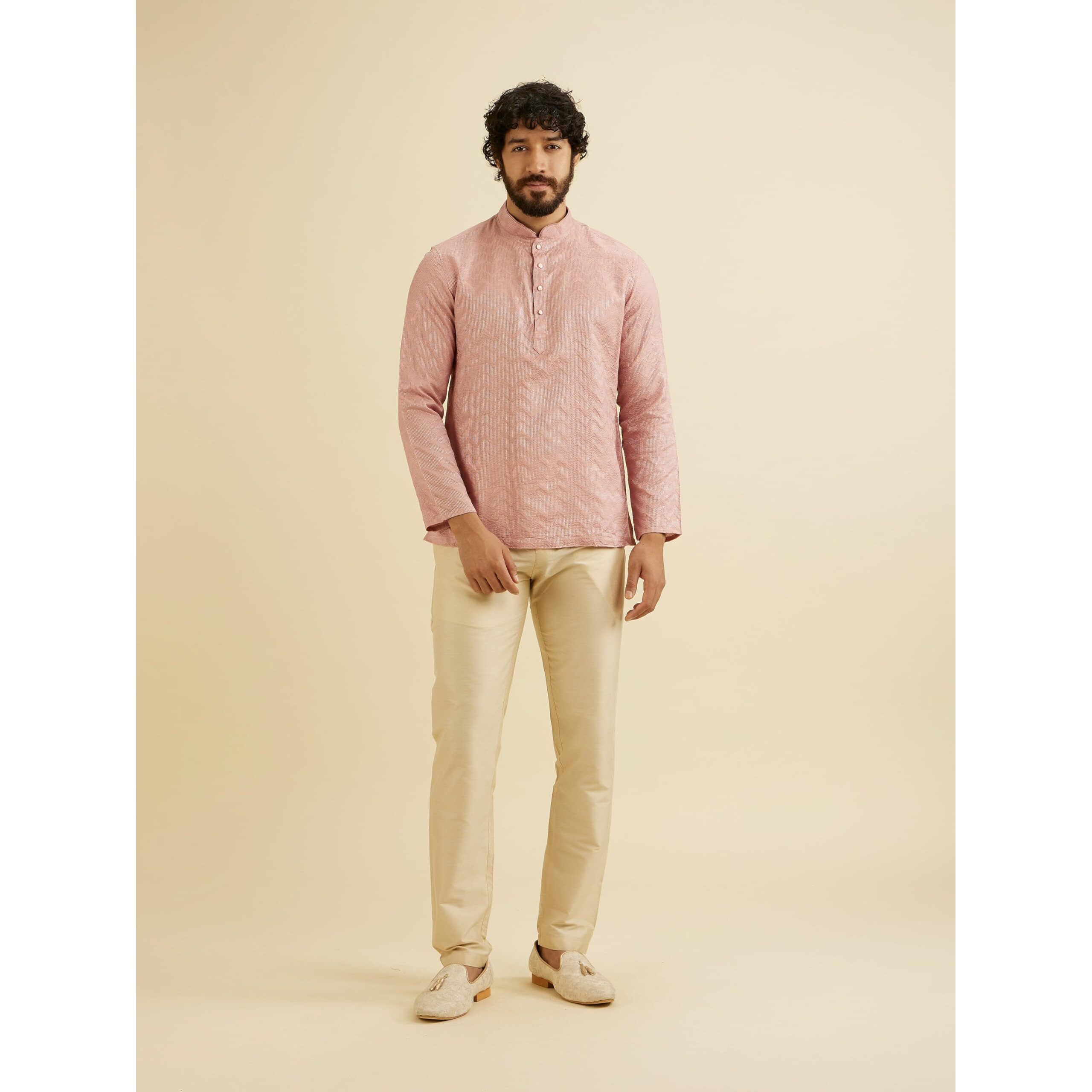 Manyavar Men's Viscose Blend Textured Short Kurta (Pink,XXXL)