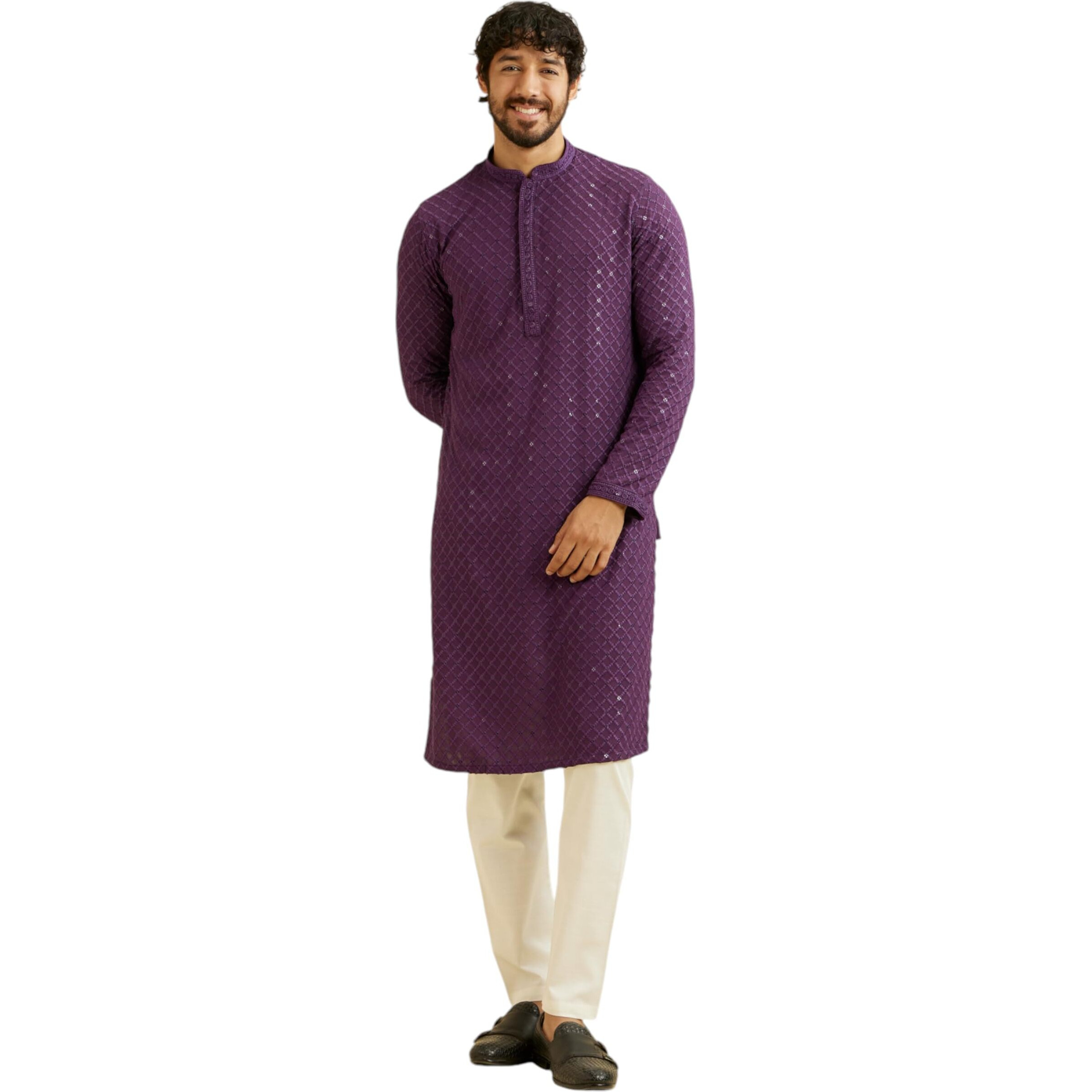 Manyavar Men's Viscose Chikankari | Sequined Kurta Pyjama Set (Purple,S)