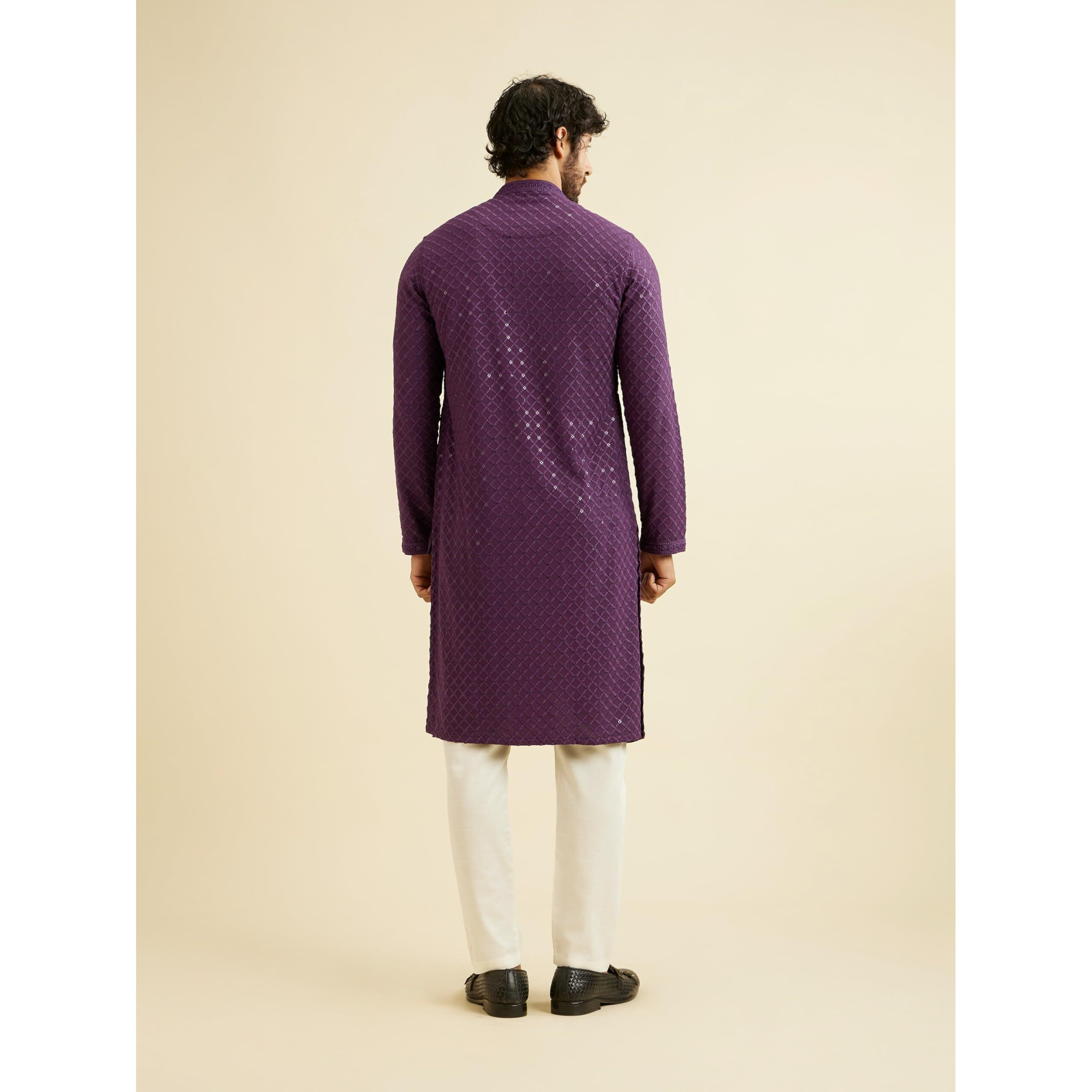 Manyavar Men's Viscose Chikankari | Sequined Kurta Pyjama Set (Purple,S)
