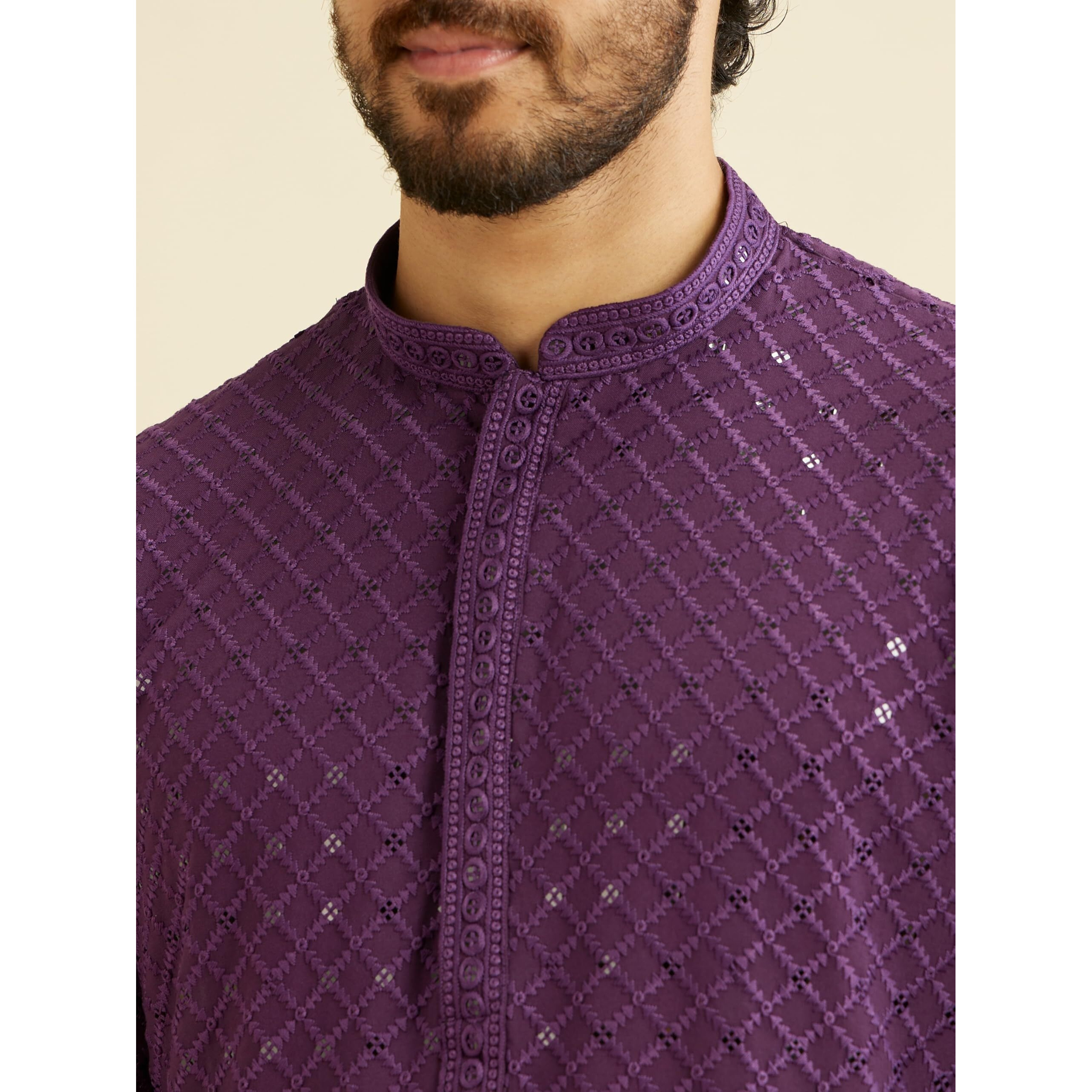 Manyavar Men's Viscose Chikankari | Sequined Kurta Pyjama Set (Purple,S)