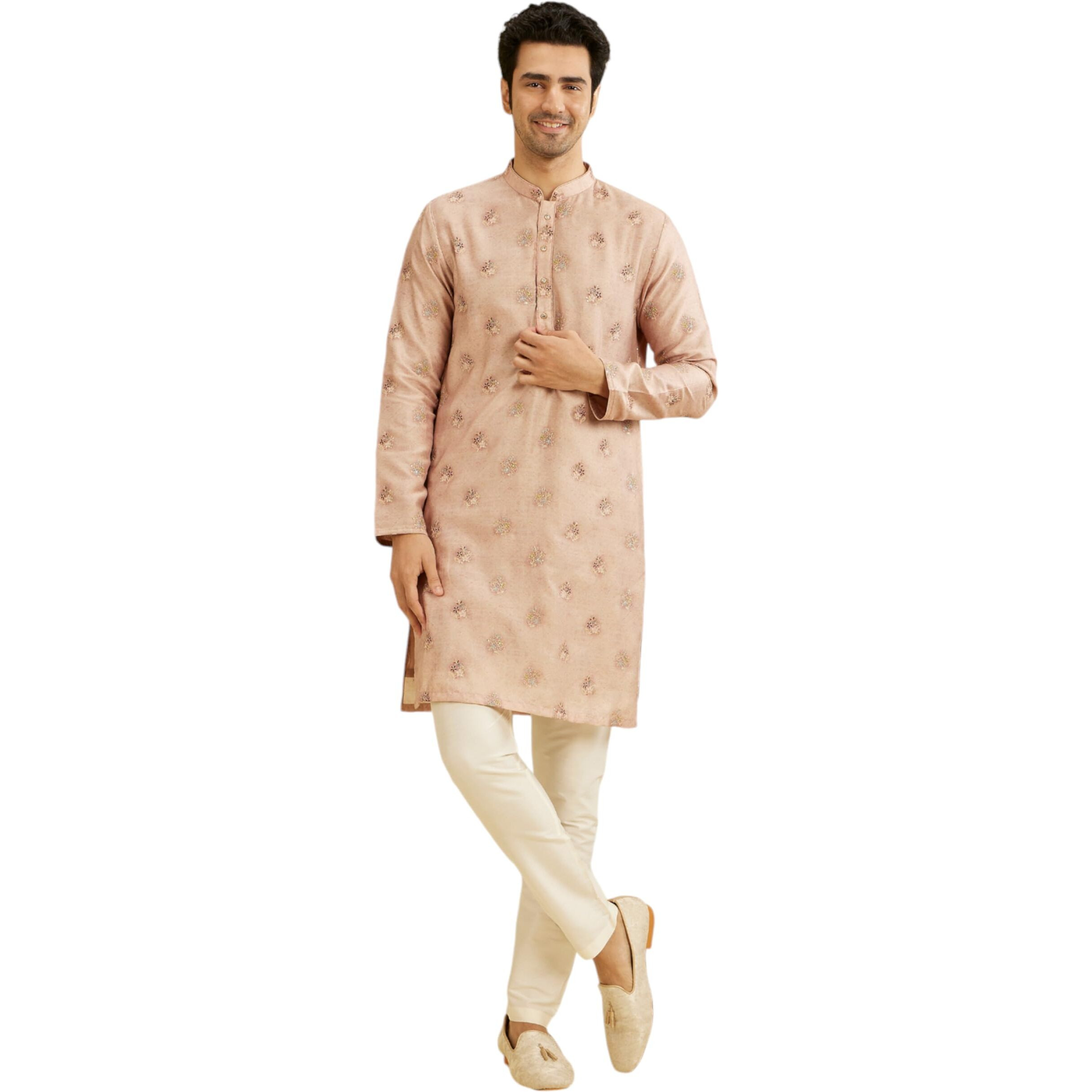 Manyavar Men's Viscose Blend Printed Jacket Set (Pink,M)