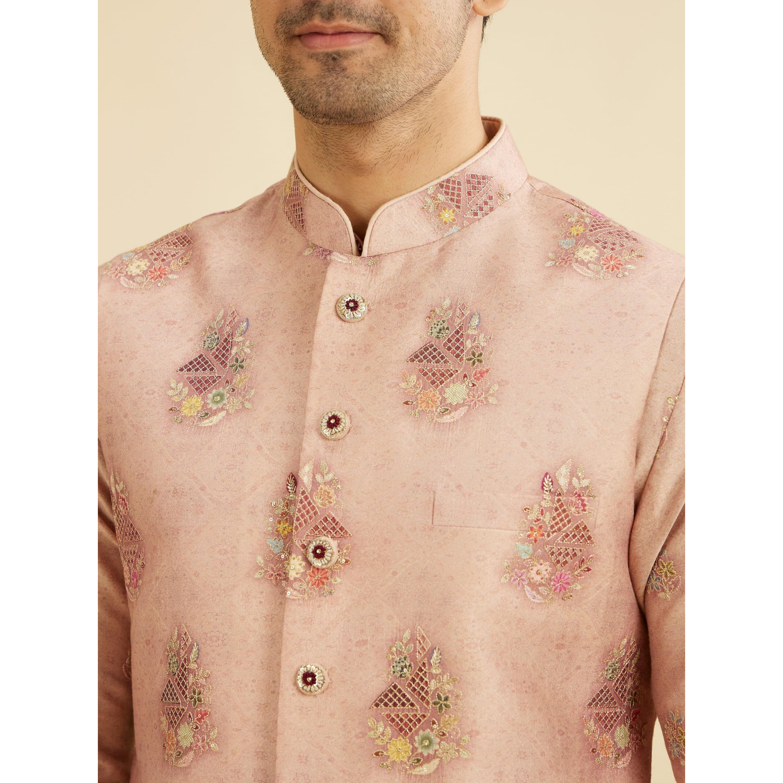 Manyavar Men's Viscose Blend Printed Jacket Set (Pink,M)