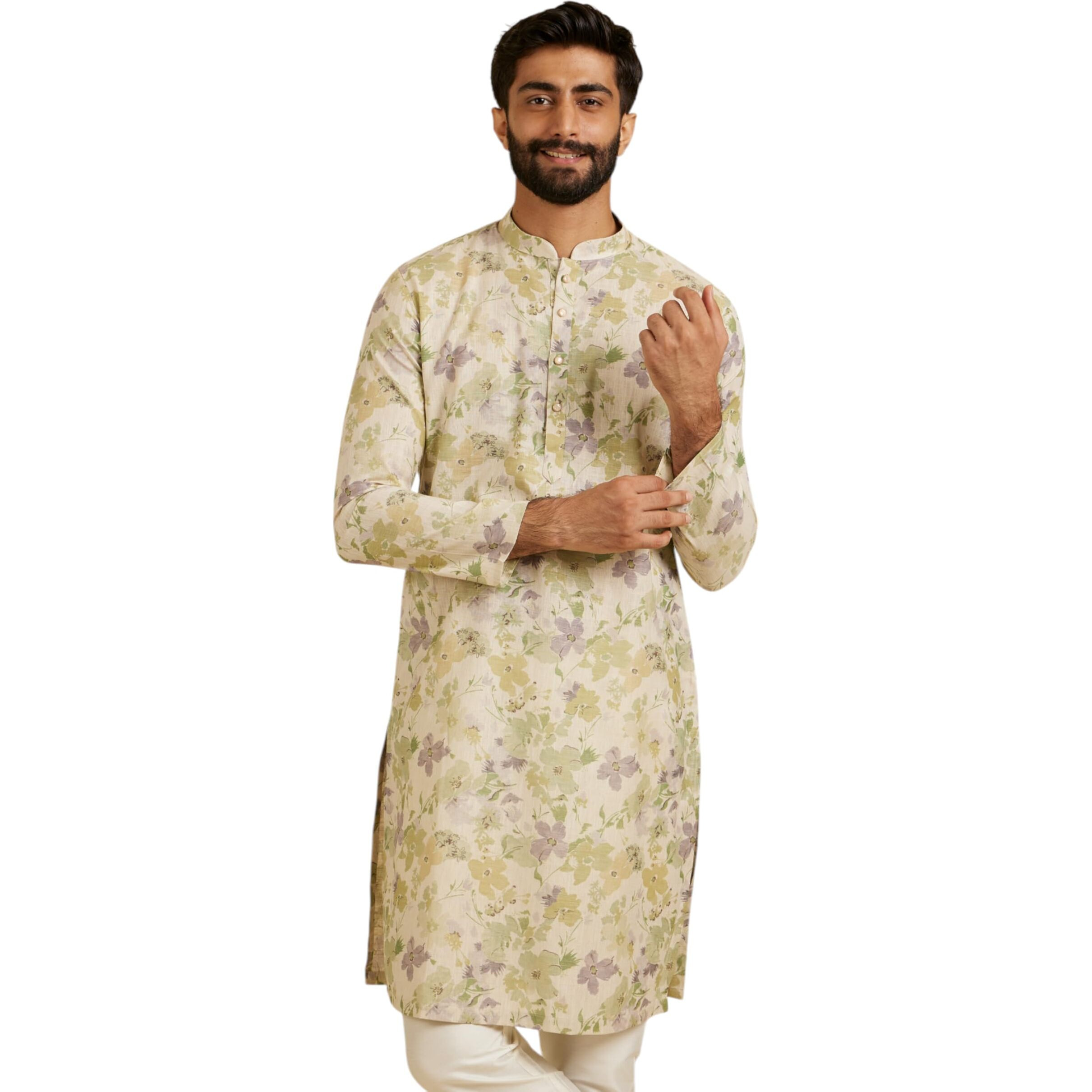Manyavar Men's Linen Blend Digital Floral Print Long Kurta (Green,2XL)