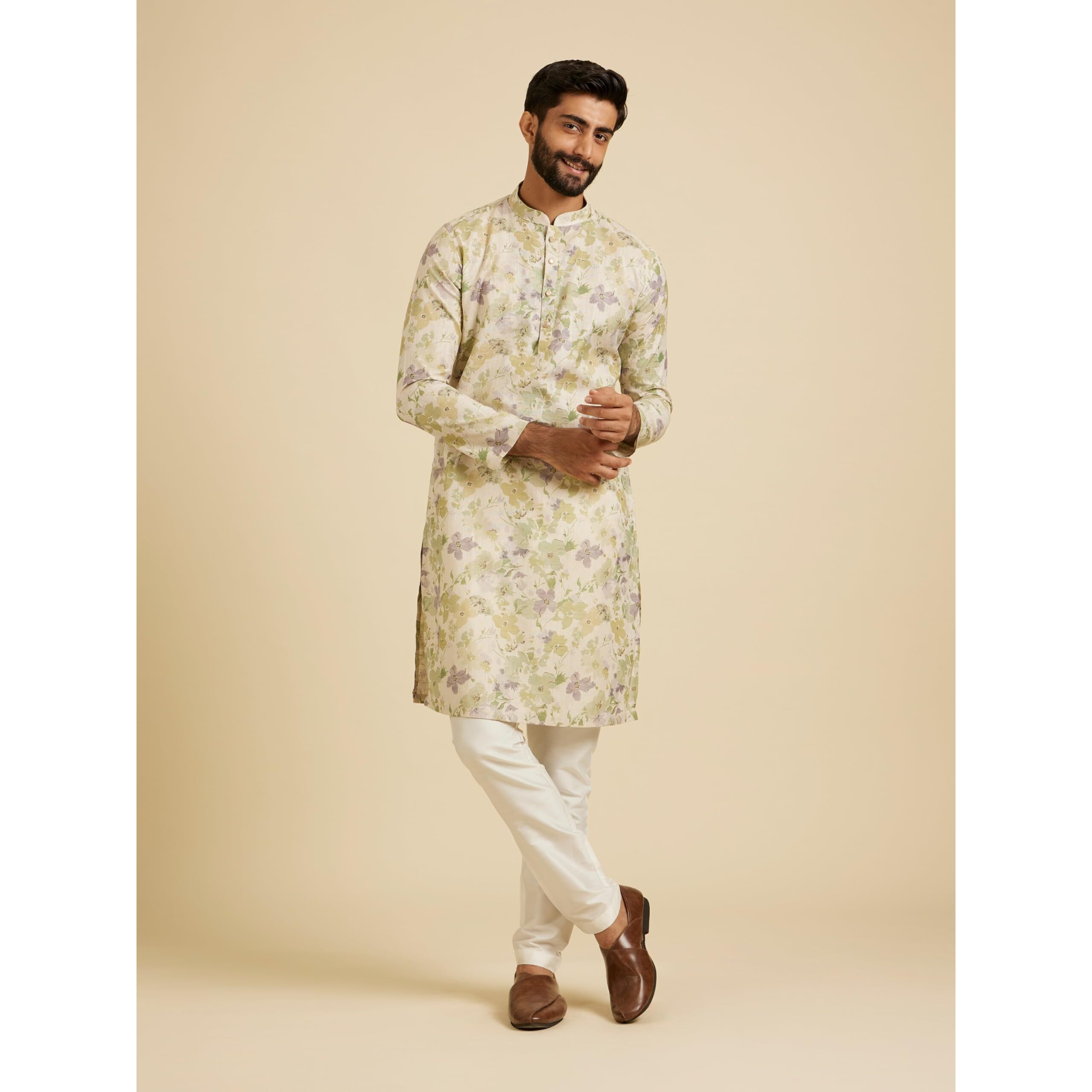 Manyavar Men's Linen Blend Digital Floral Print Long Kurta (Green,2XL)