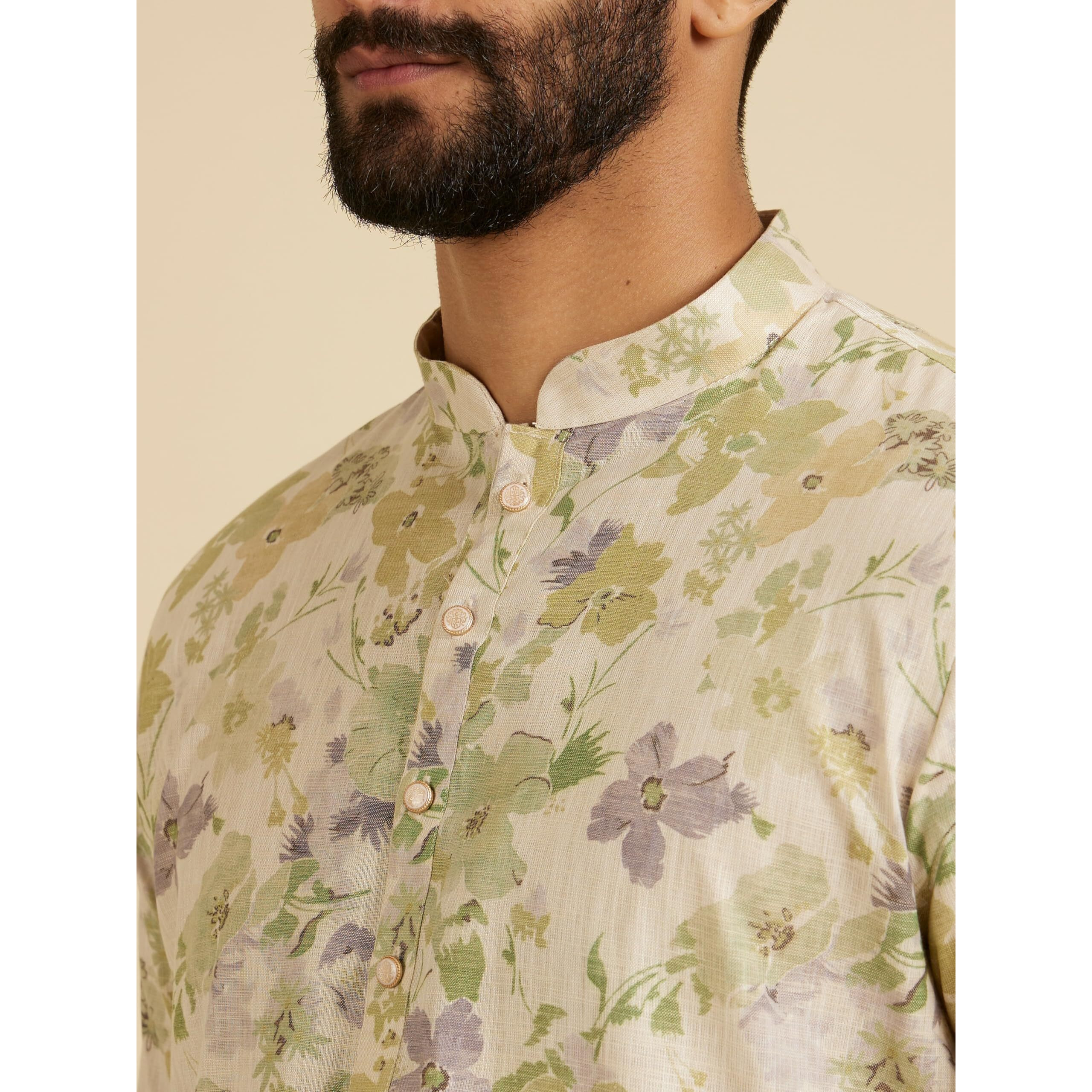 Manyavar Men's Linen Blend Digital Floral Print Long Kurta (Green,2XL)
