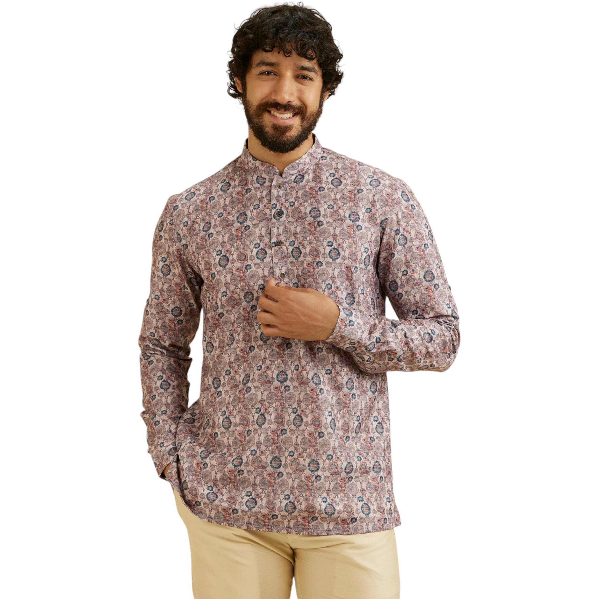 Manyavar Men's Cotton Blend Digital Print Short Kurta (Peach,L)