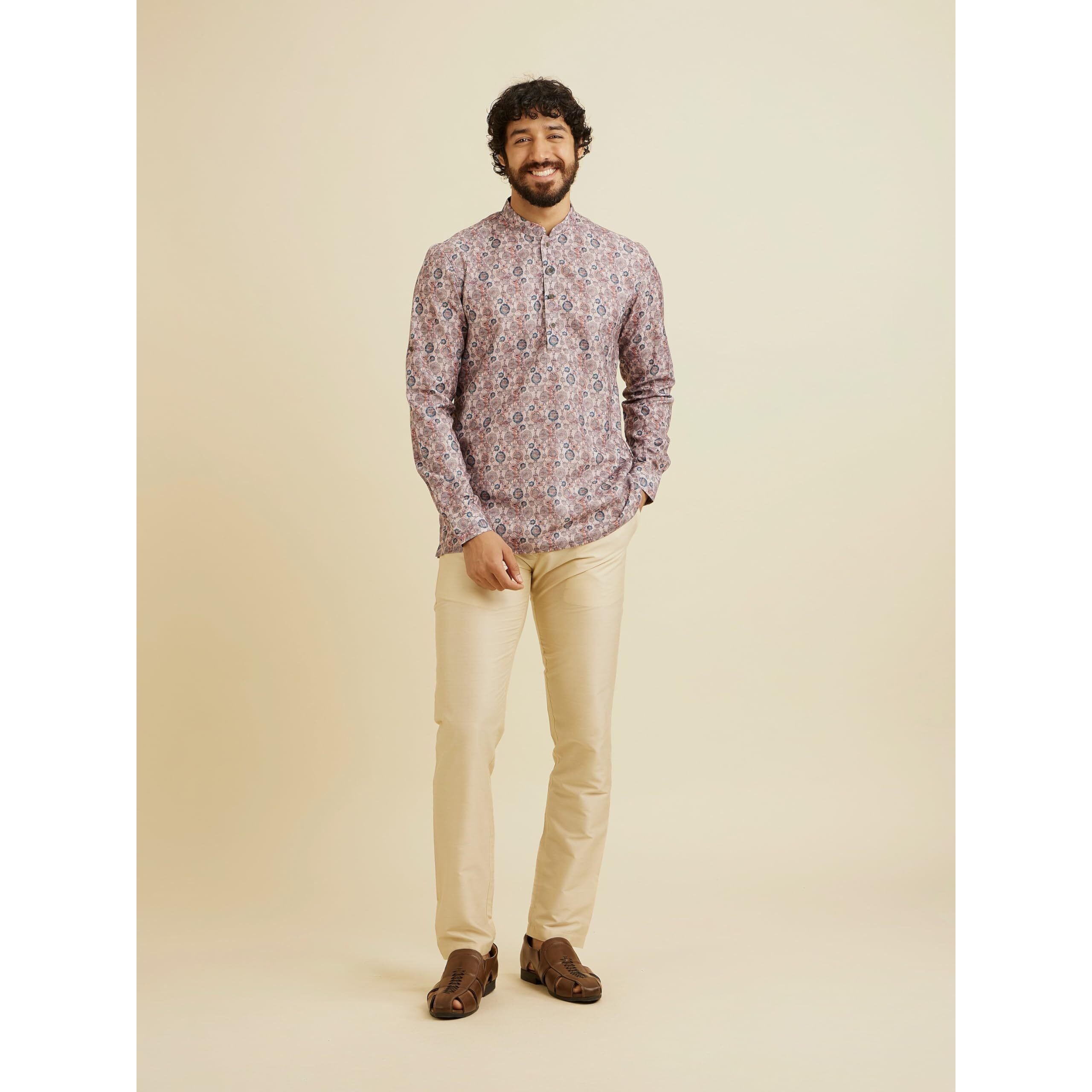 Manyavar Men's Cotton Blend Digital Print Short Kurta (Peach,L)