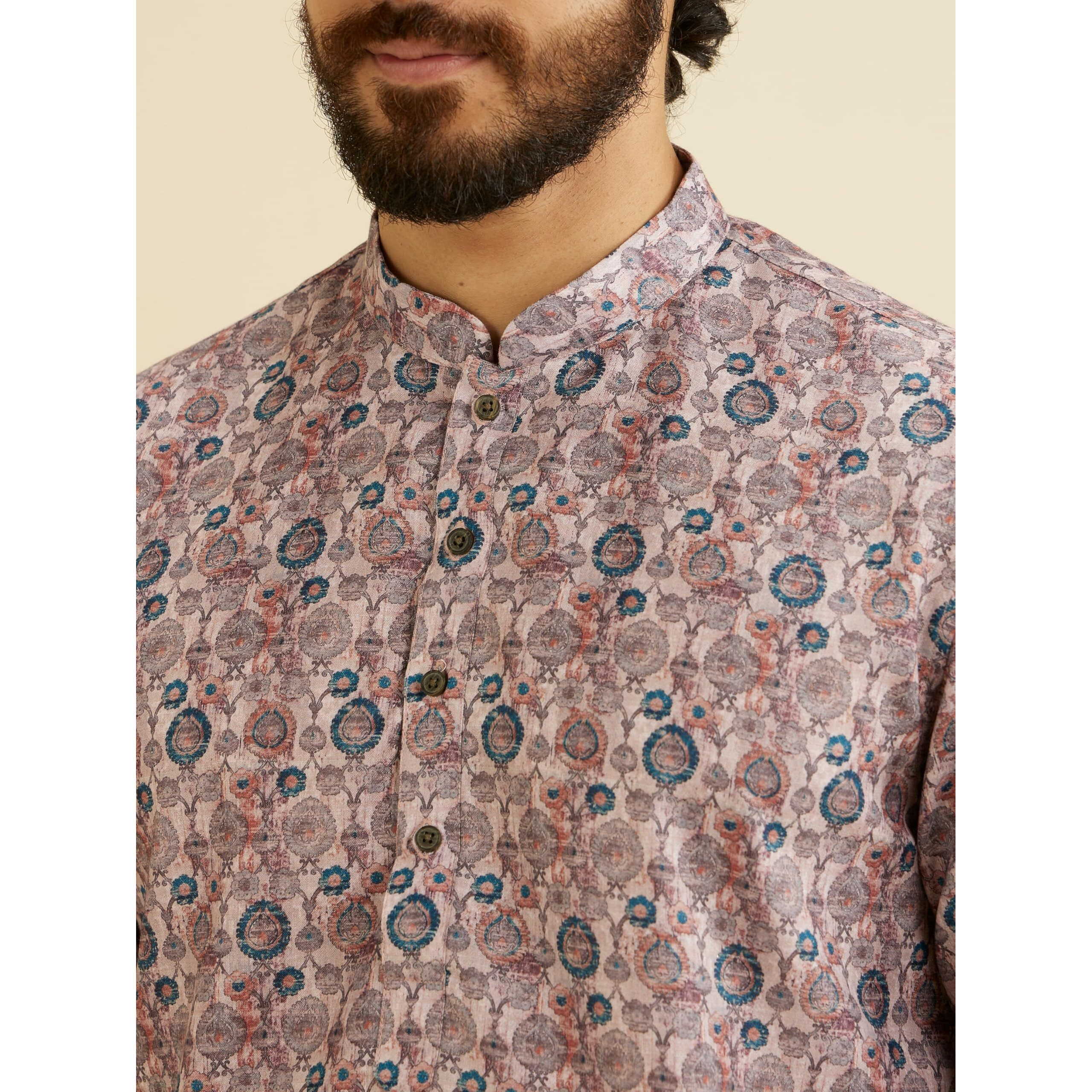 Manyavar Men's Cotton Blend Digital Print Short Kurta (Peach,L)