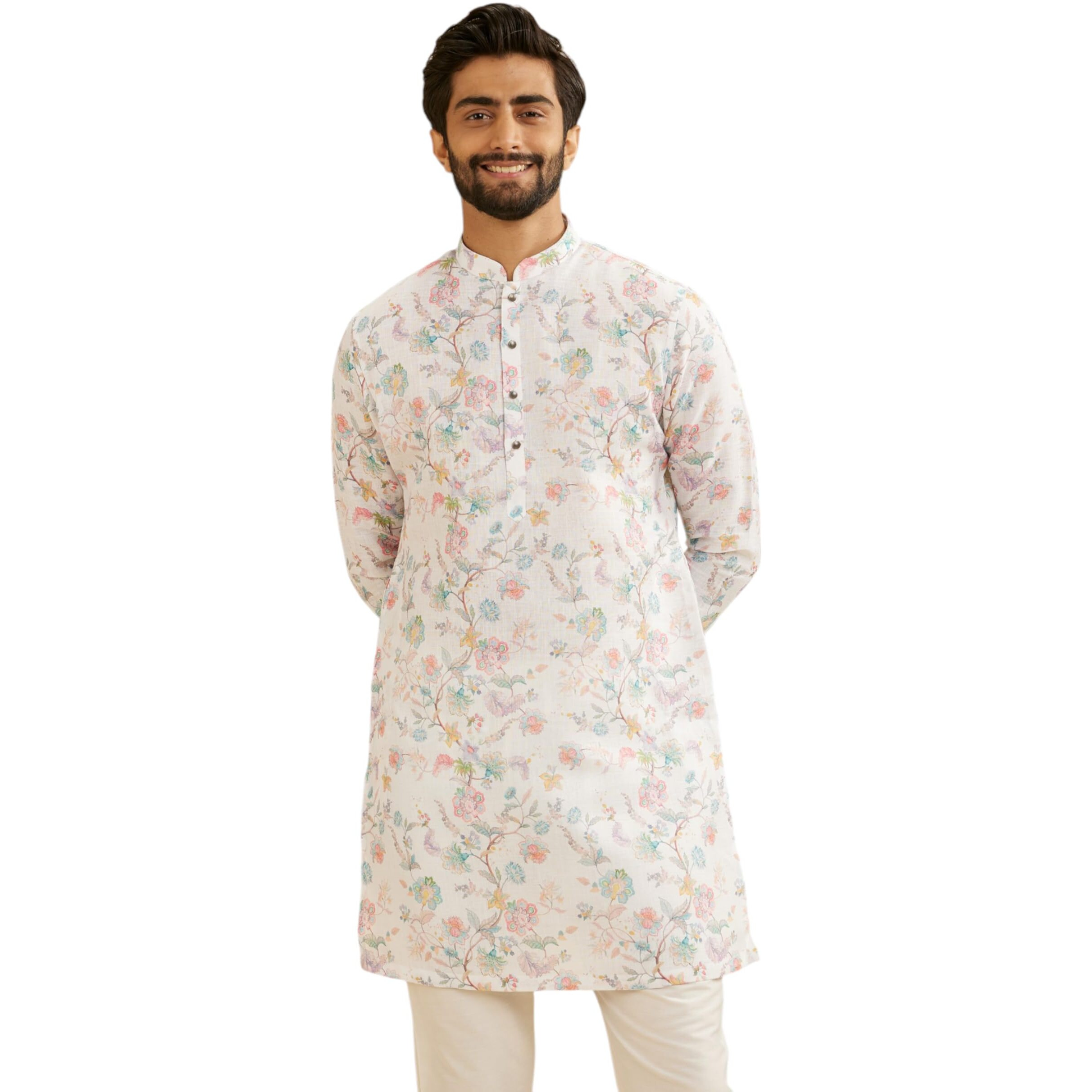 Manyavar Blended Cotton Men's Floral Print Kurta (Cream,L)