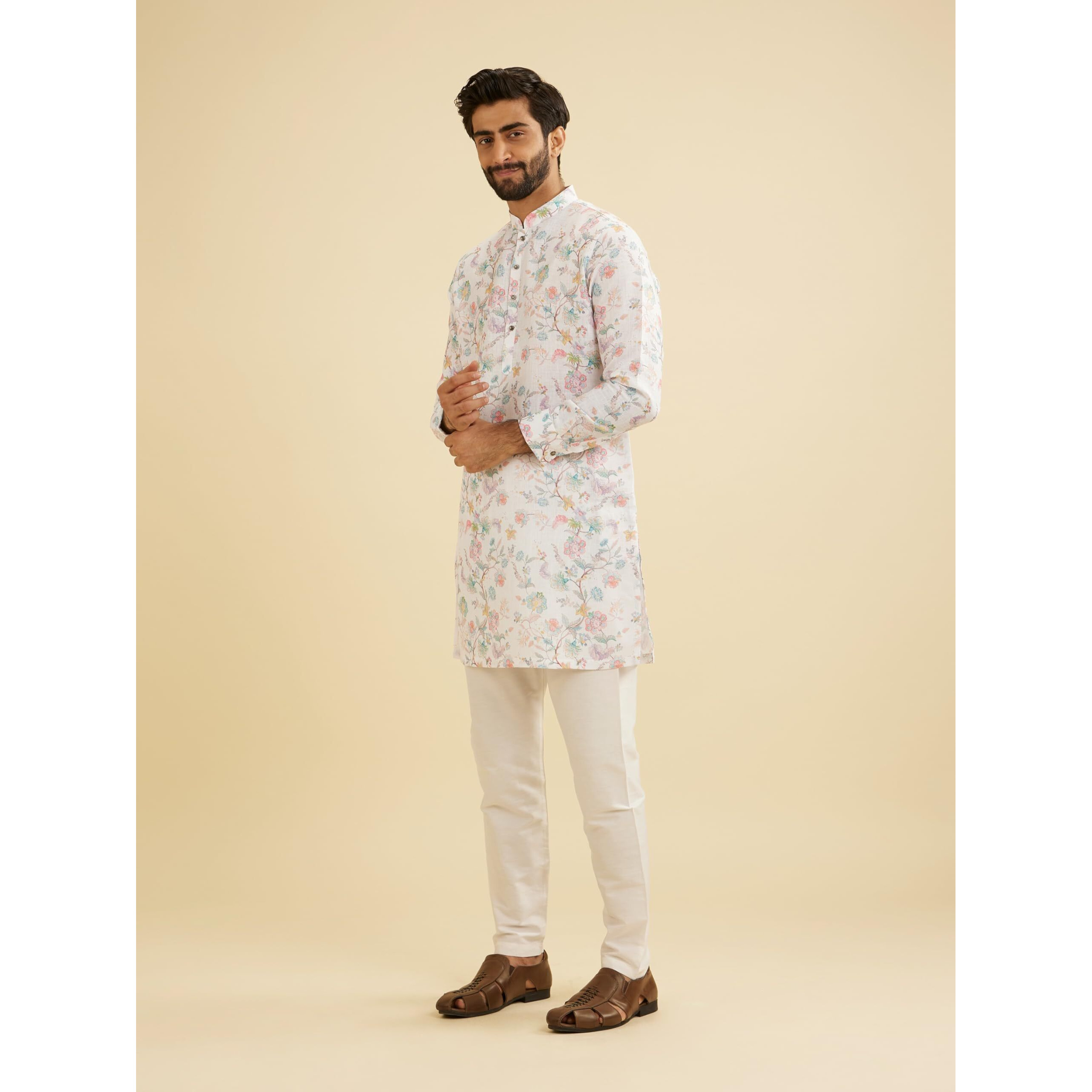 Manyavar Blended Cotton Men's Floral Print Kurta (Cream,L)