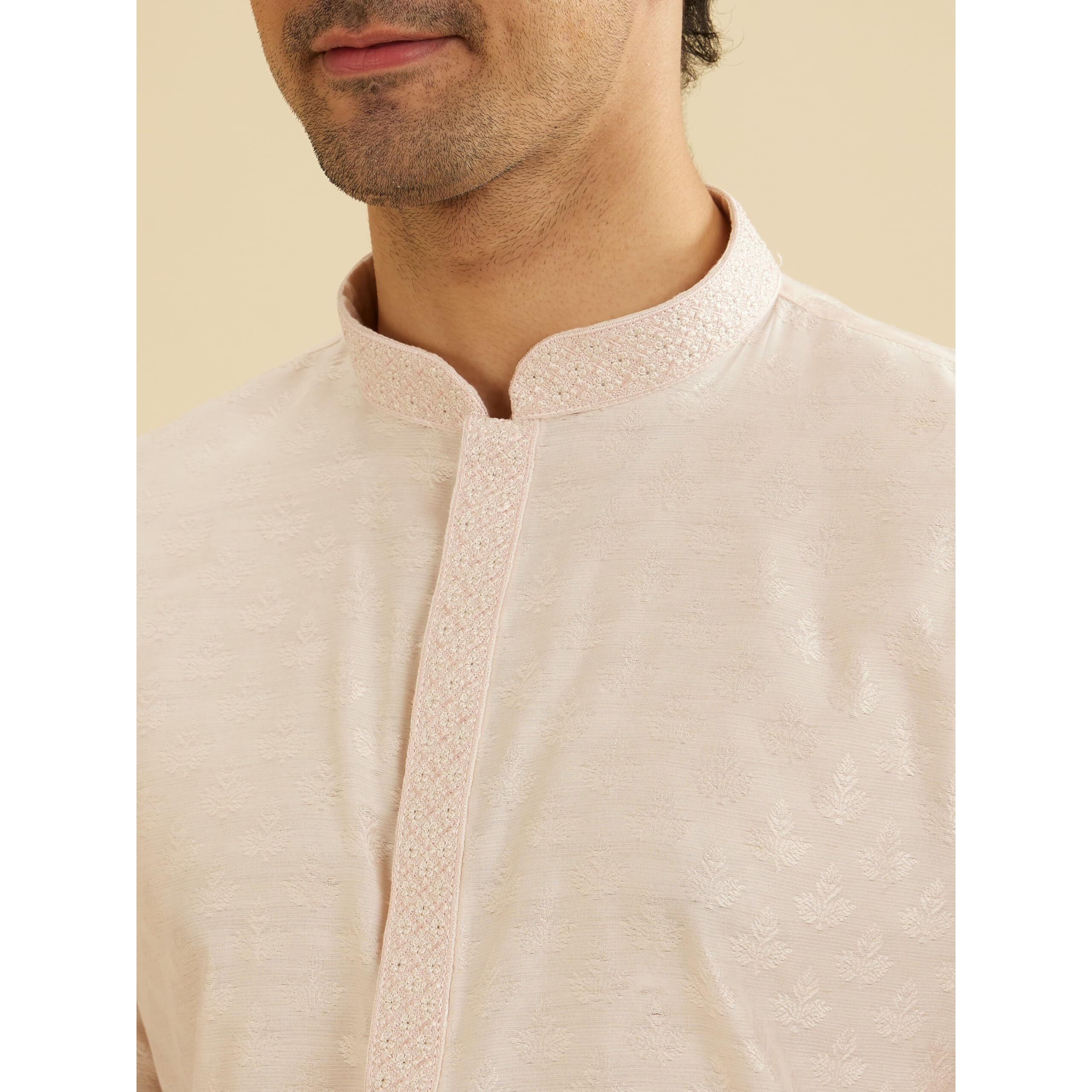 Manyavar Men's Viscose Blend Digital Leaf Print Kurta Set (Peach,XXXL)