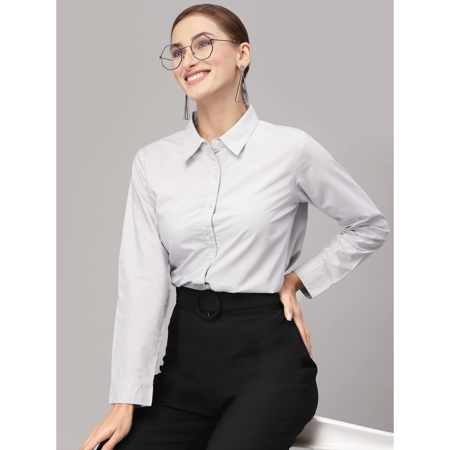Style Quotient Women Solid Grey Polycotton Regular Formal Shirt