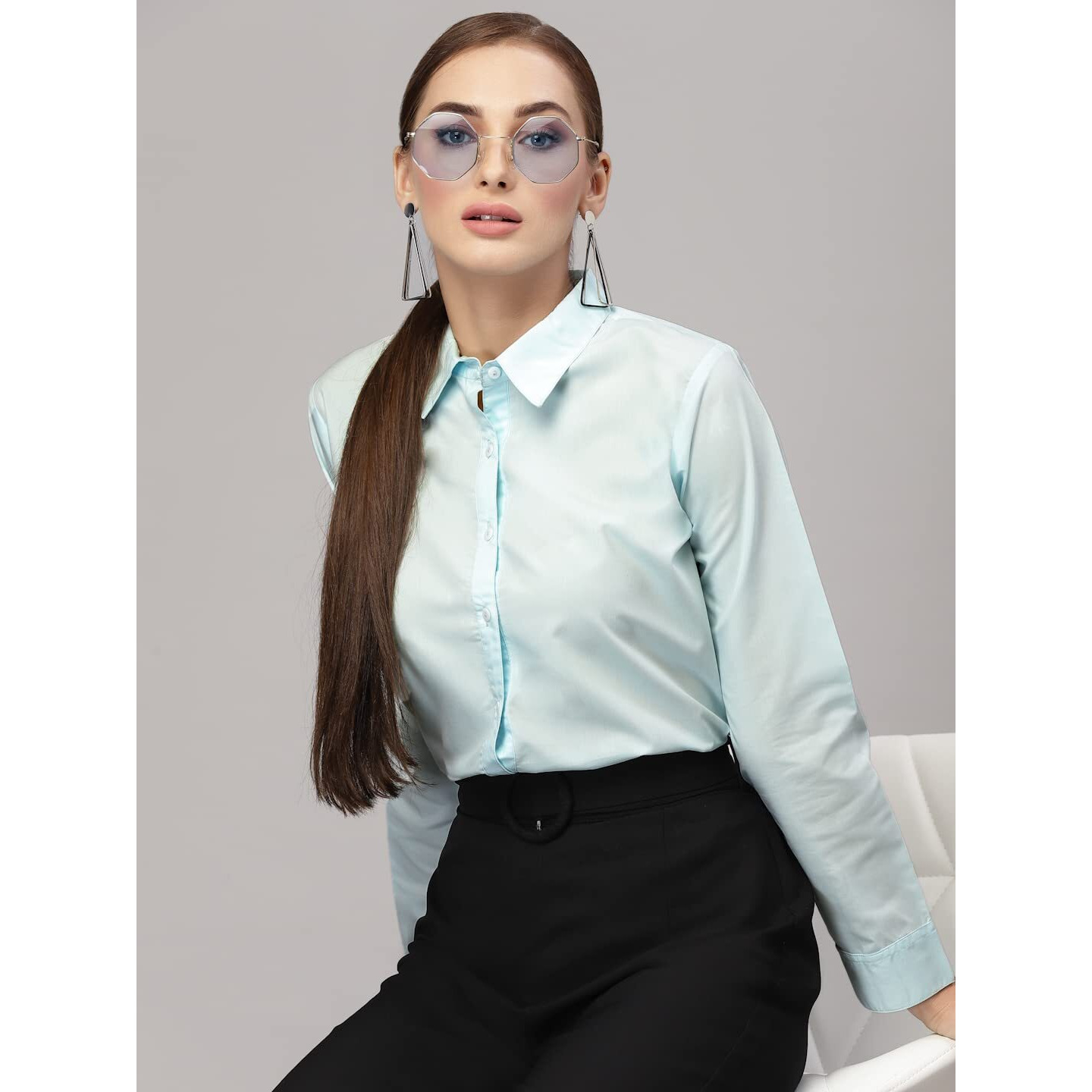 Style Quotient Women Solid Light Blue Polycotton Regular Formal Shirt
