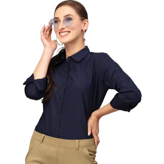 Style Quotient Women Solid Navy Polycotton Regular Formal Shirt