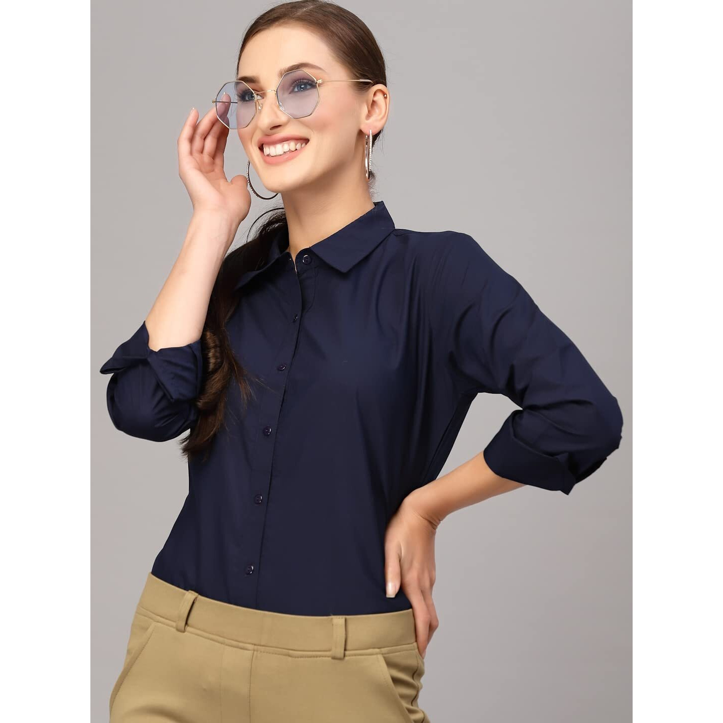 Style Quotient Women Solid Navy Polycotton Regular Formal Shirt
