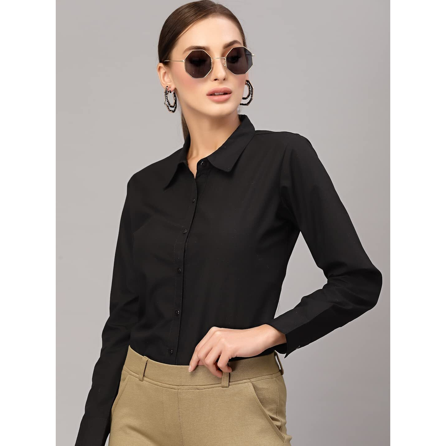 Style Quotient Women Solid Black Polycotton Regular Formal Shirt