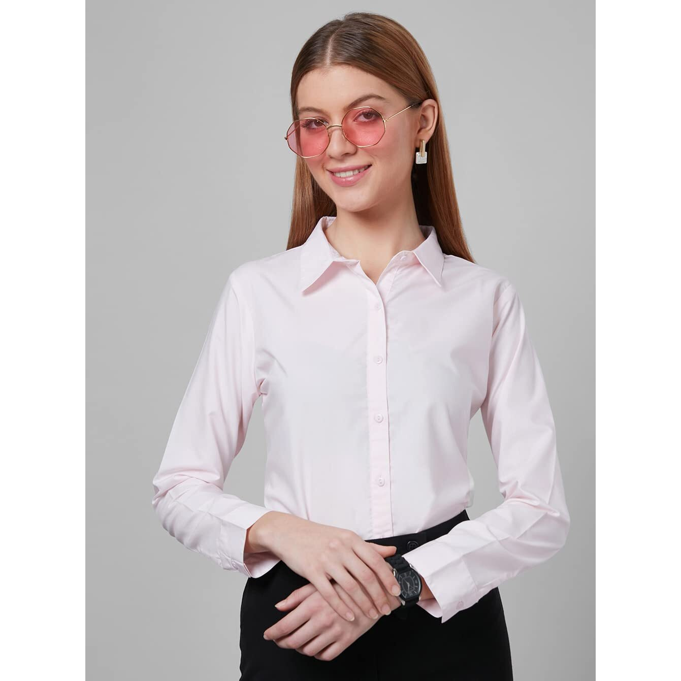 Style Quotient Women Solid Pastel Pink Polycotton Regular Formal Shirt