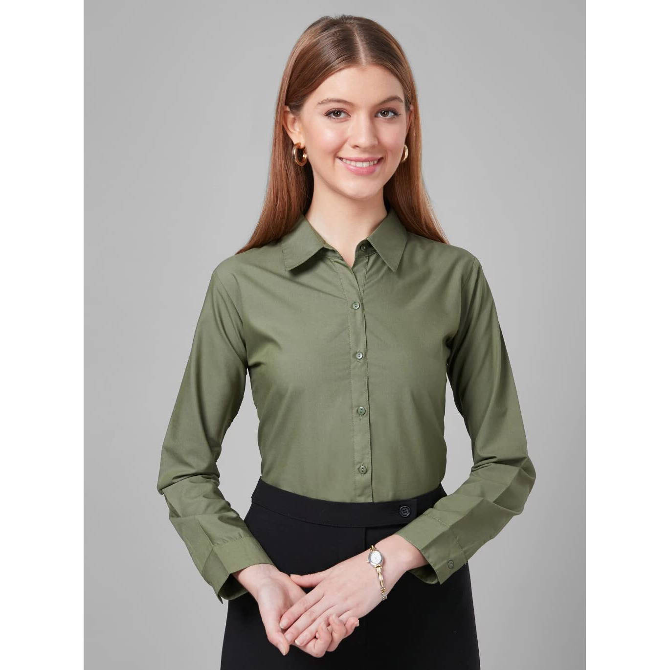 Style Quotient Women Solid Olive Polycotton Regular Formal Shirt