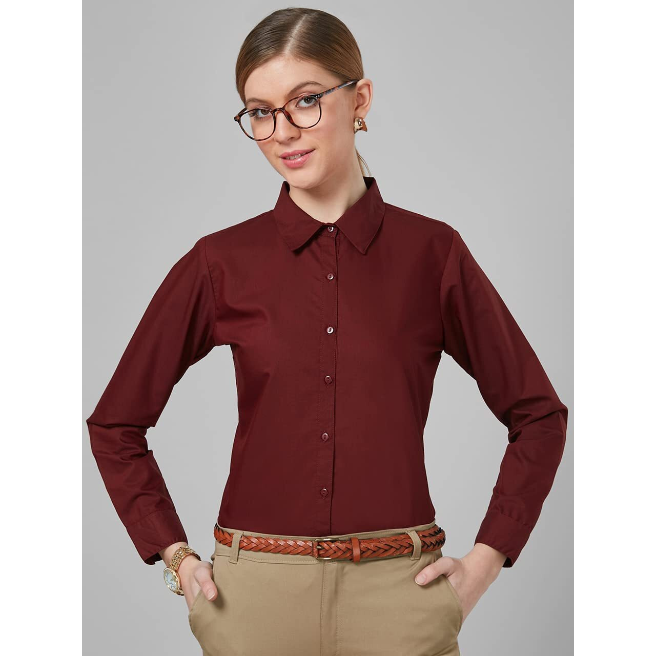Style Quotient Women Solid Maroon Polycotton Regular Formal Shirt
