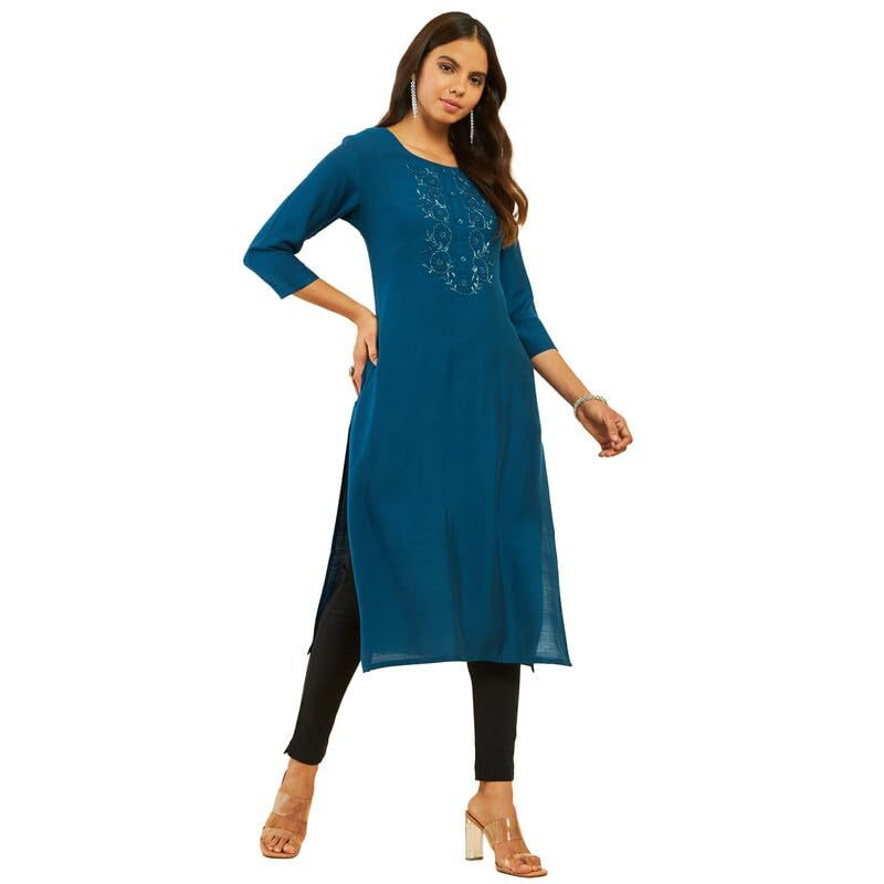Soch Womens Blue Viscose Blend Round-Neck Kurta with Floral Cutdana Work