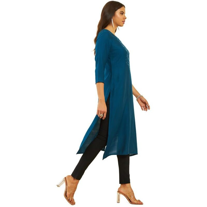 Soch Womens Blue Viscose Blend Round-Neck Kurta with Floral Cutdana Work
