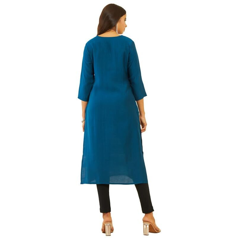 Soch Womens Blue Viscose Blend Round-Neck Kurta with Floral Cutdana Work