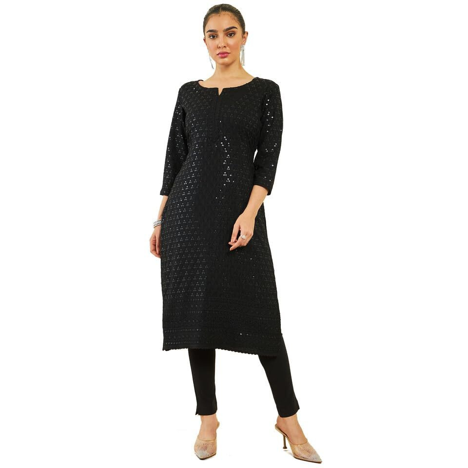 Soch Womens Black Rayon Sequin Embroidered Boat-Neck Straight Kurta