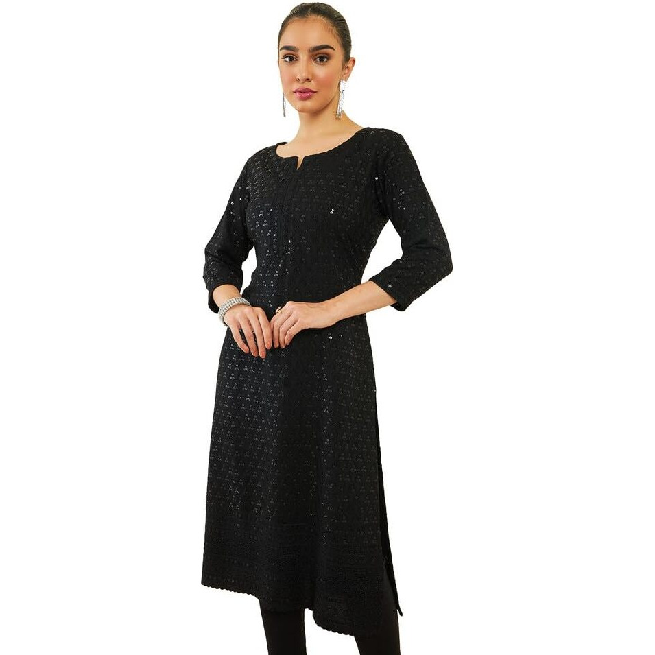 Soch Womens Black Rayon Sequin Embroidered Boat-Neck Straight Kurta