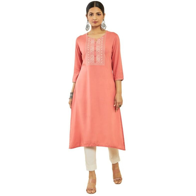 Soch Womens Peach Rayon Paisley Embroidered Straight Kurta