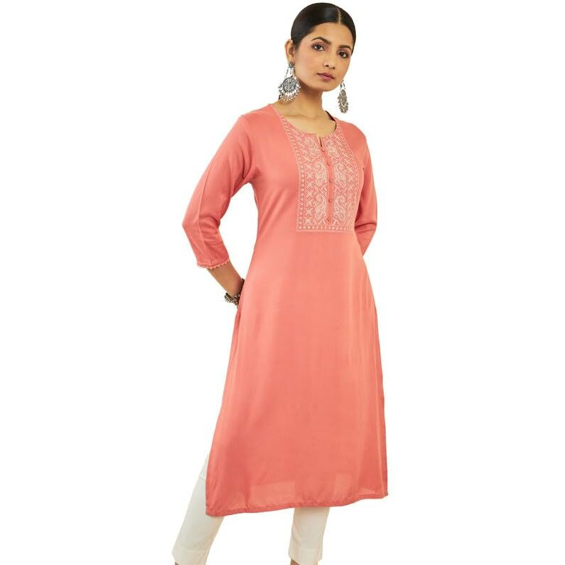 Soch Womens Peach Rayon Paisley Embroidered Straight Kurta