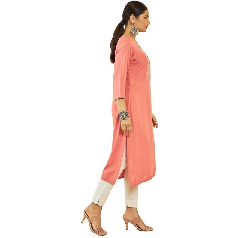 Soch Womens Peach Rayon Paisley Embroidered Straight Kurta