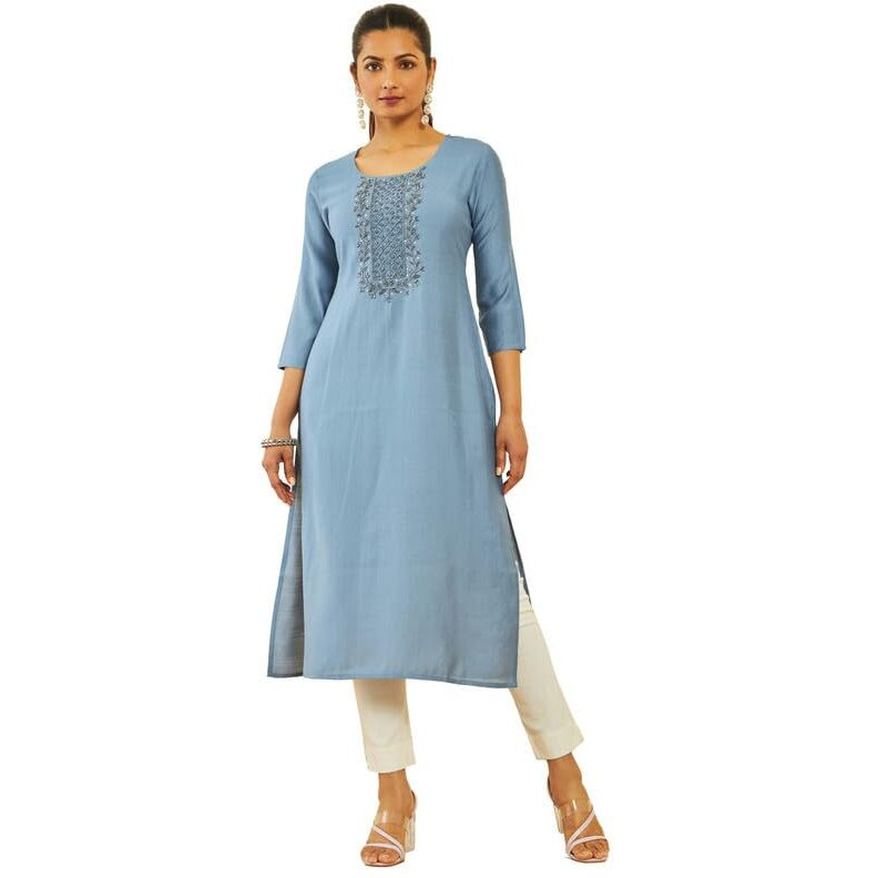 Soch Womens Powder Blue Viscose Blend Round-Neck Straight Kurta with Cutdana Work