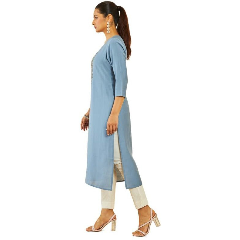 Soch Womens Powder Blue Viscose Blend Round-Neck Straight Kurta with Cutdana Work