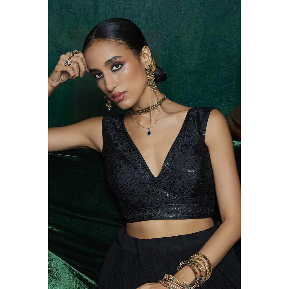 Soch Womens Black Tussar Sequin Embellished Back-Open Sleeveless Blouse