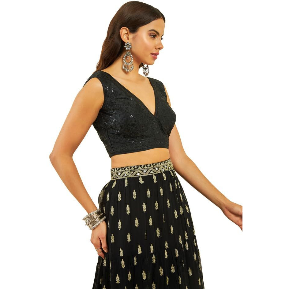Soch Womens Black Tussar Sequin Embellished Back-Open Sleeveless Blouse