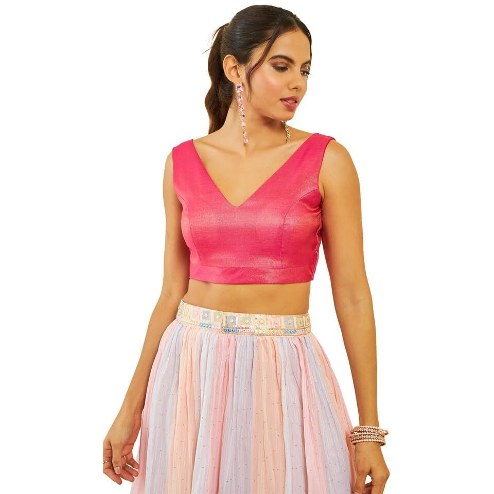 Soch Womens Fuchsia Tussar V-Neck Back-Open Sleeveless Blouse