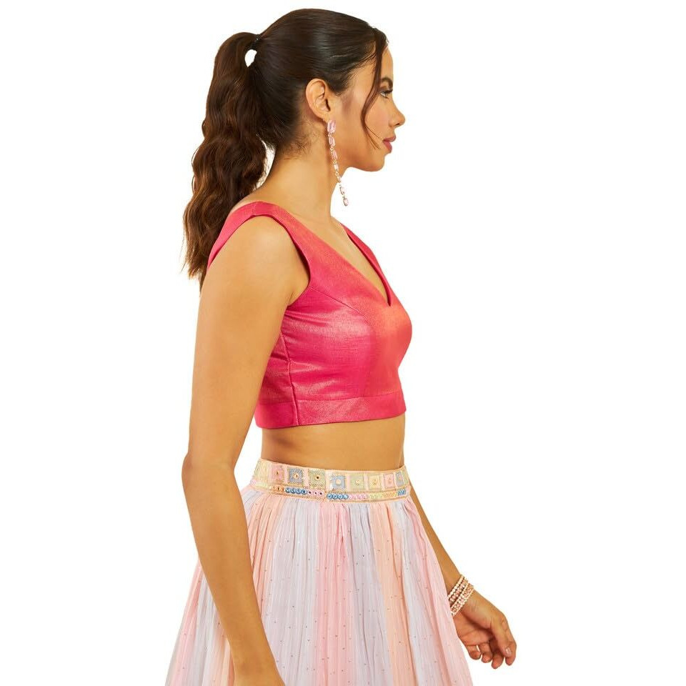 Soch Womens Fuchsia Tussar V-Neck Back-Open Sleeveless Blouse