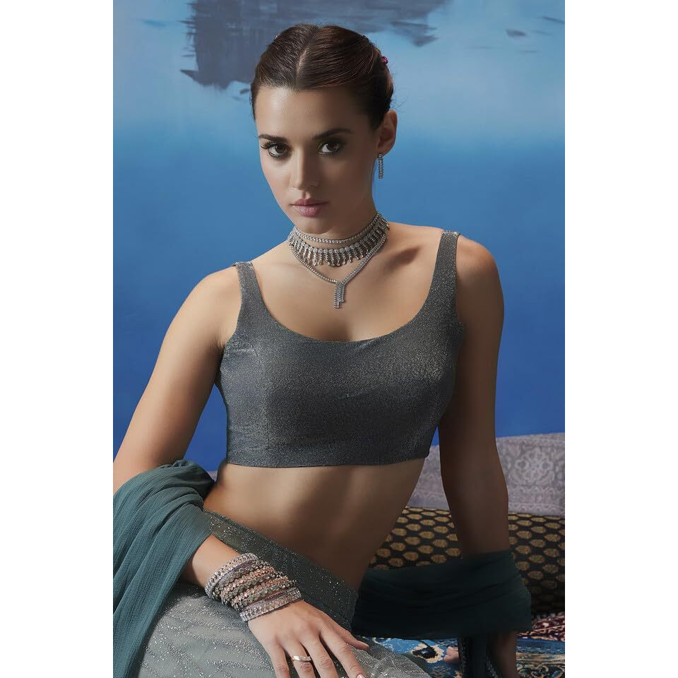 Soch Womens Grey Net Shimmery Scoop-Neck Back-Open Sleeveless Blouse