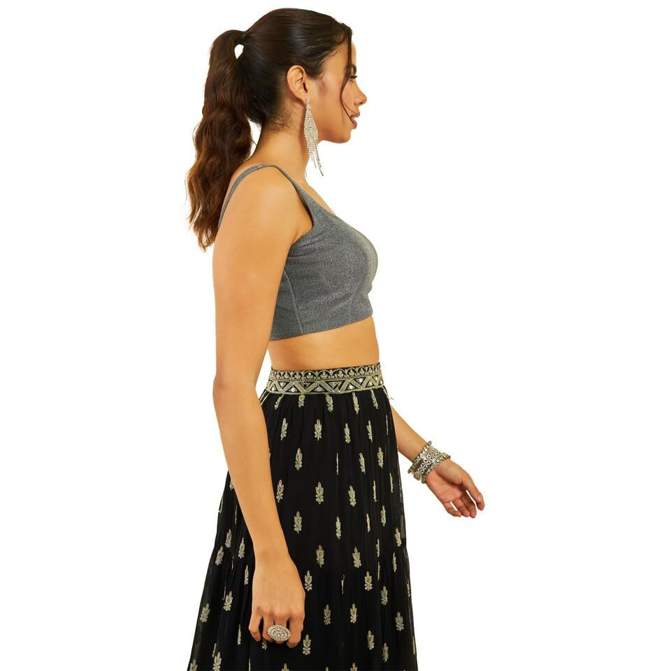 Soch Womens Grey Net Shimmery Scoop-Neck Back-Open Sleeveless Blouse