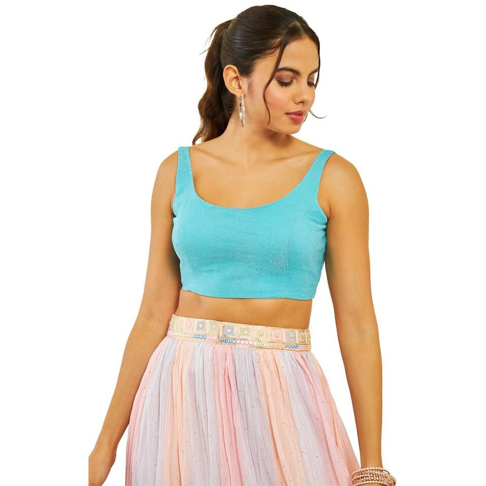 Soch Womens Turquoise Blue Shimmery Scoop-Neck Back-Open Sleeveless Blouse