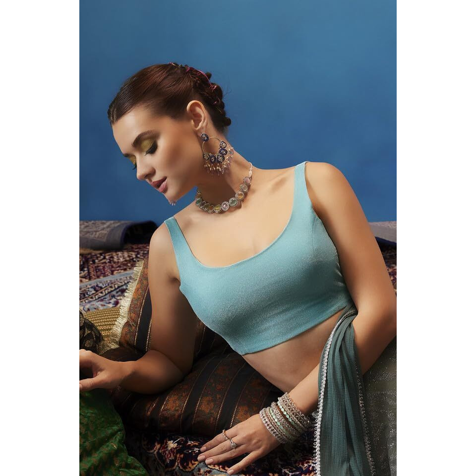 Soch Womens Turquoise Blue Shimmery Scoop-Neck Back-Open Sleeveless Blouse