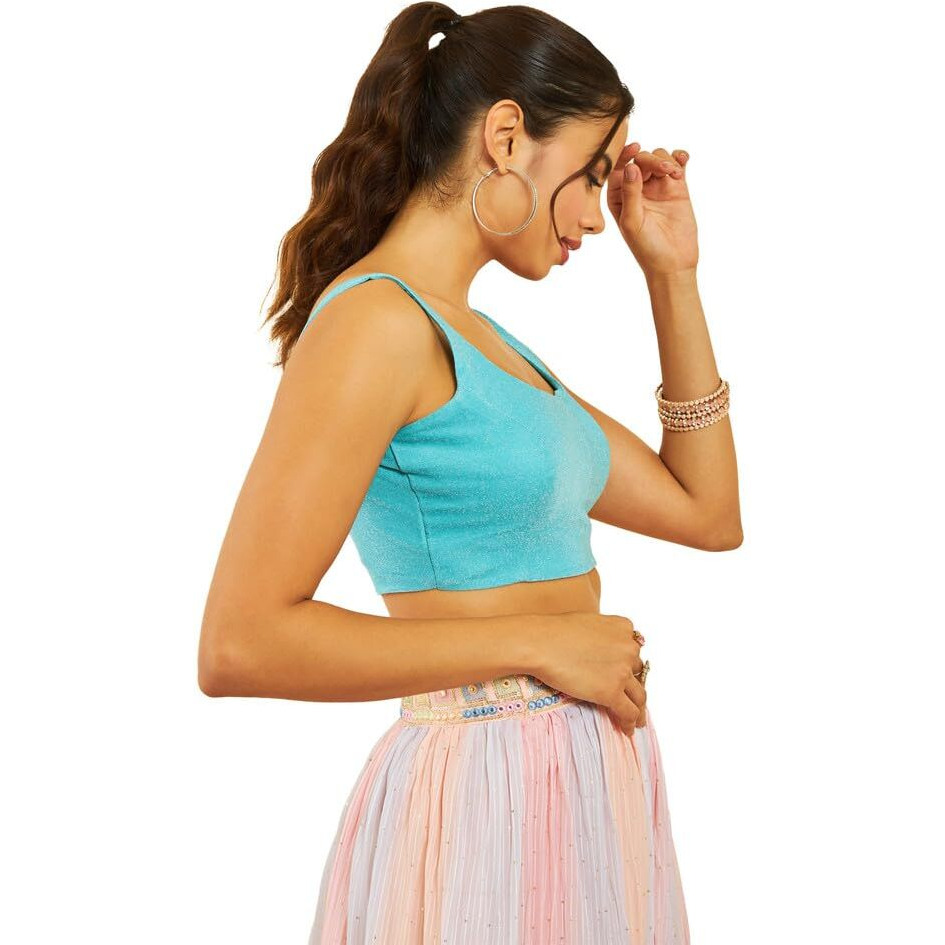 Soch Womens Turquoise Blue Shimmery Scoop-Neck Back-Open Sleeveless Blouse