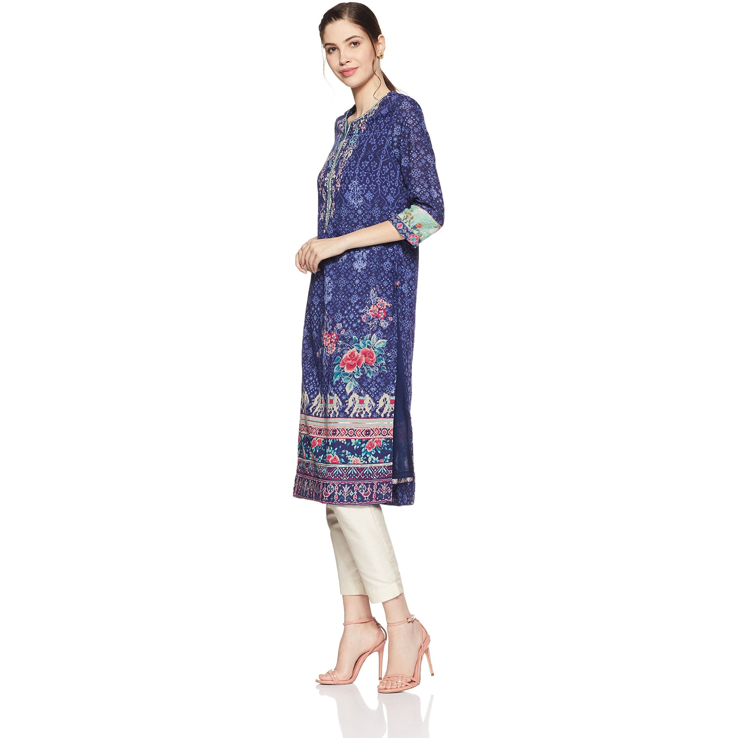 BIBA Synthetic Women Printed Straight Mix and Match Kurta (Mnmindigo14138_Indigo_36), Large