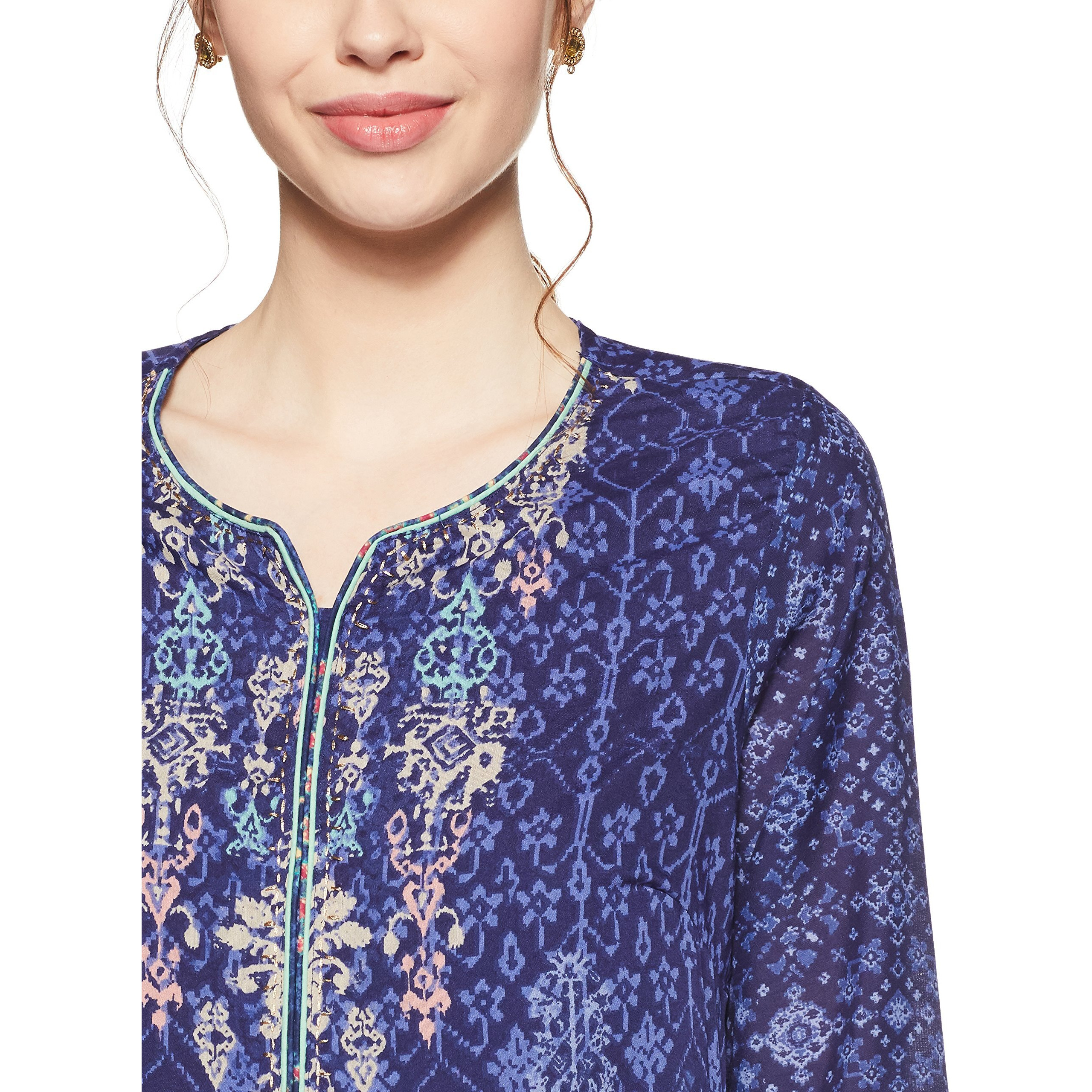 BIBA Synthetic Women Printed Straight Mix and Match Kurta (Mnmindigo14138_Indigo_36), Large