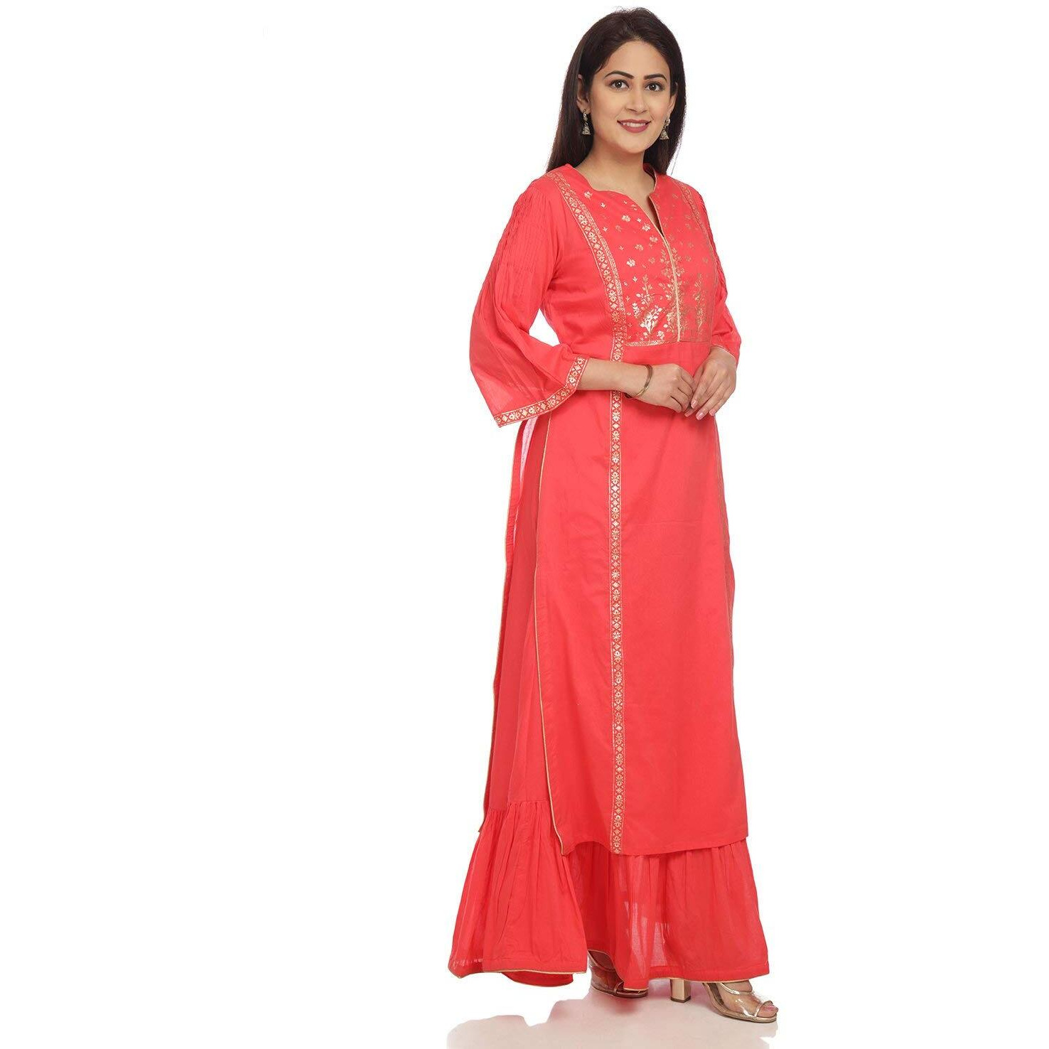BIBA Women Cotton Printed Mix and Match Kurta Anarkali (Summer E14780_Coral_34), Pink