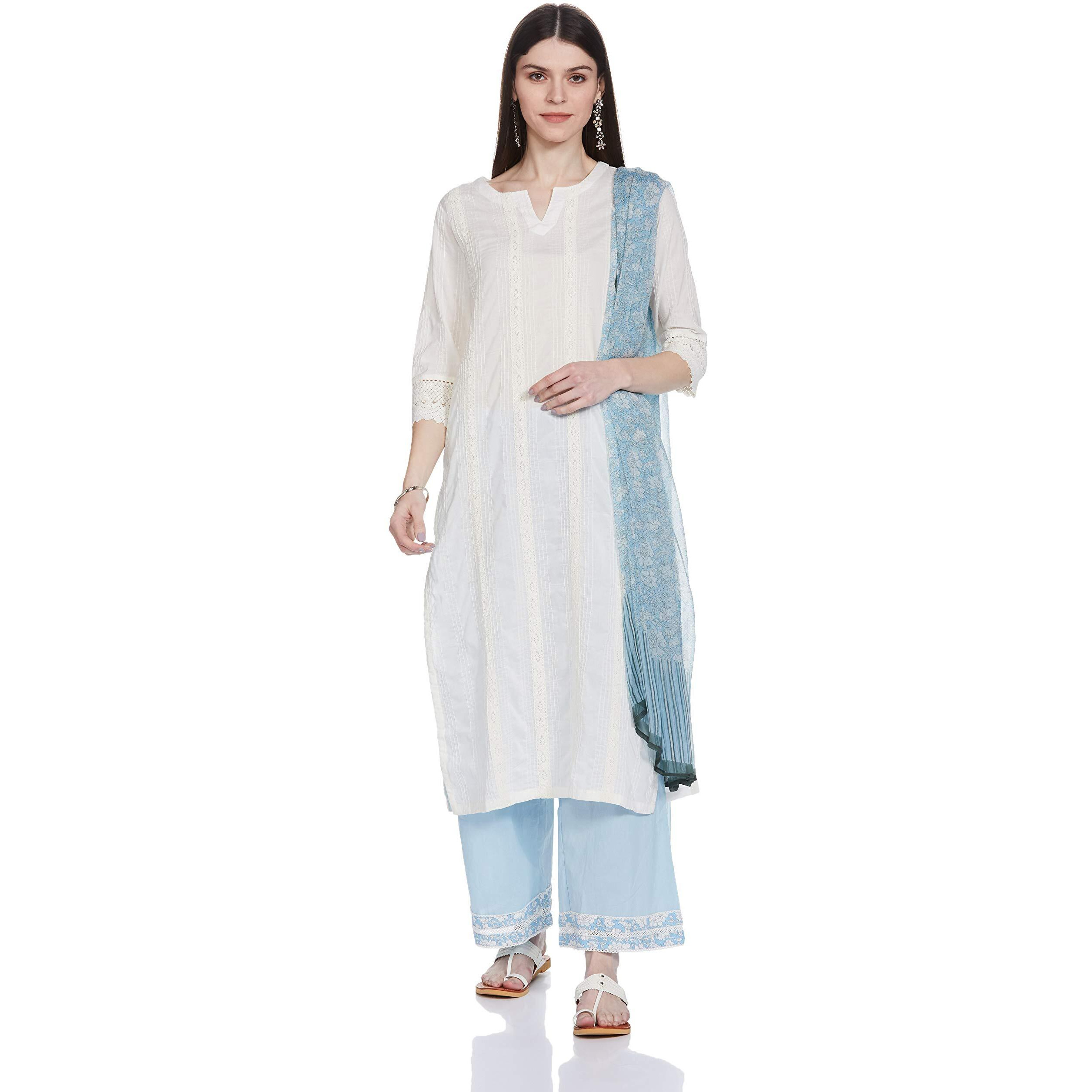 BIBA Women's cotton straight Salwar Suit Set (SKD660332_ White_ S (32))
