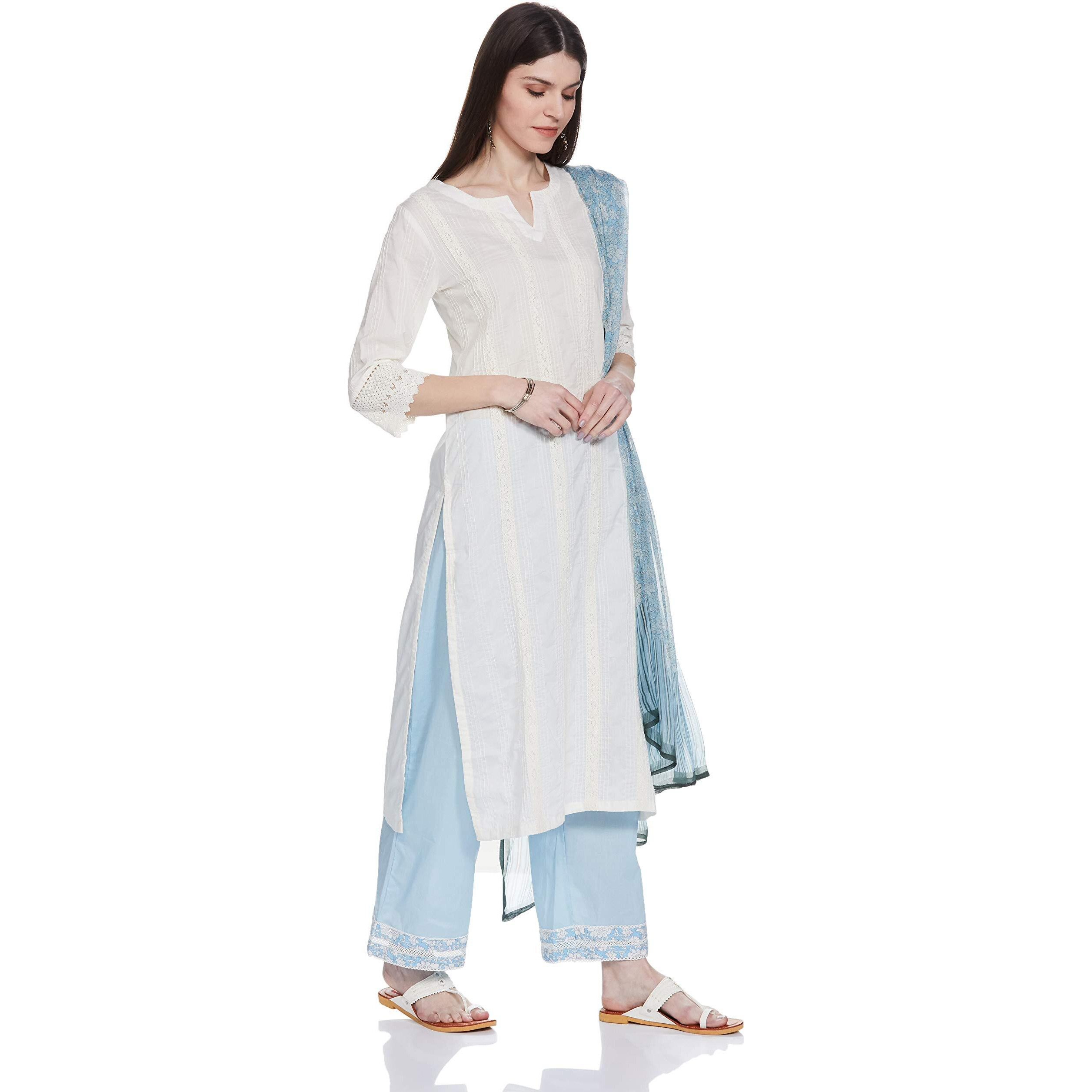 BIBA Women's cotton straight Salwar Suit Set (SKD660332_ White_ S (32))