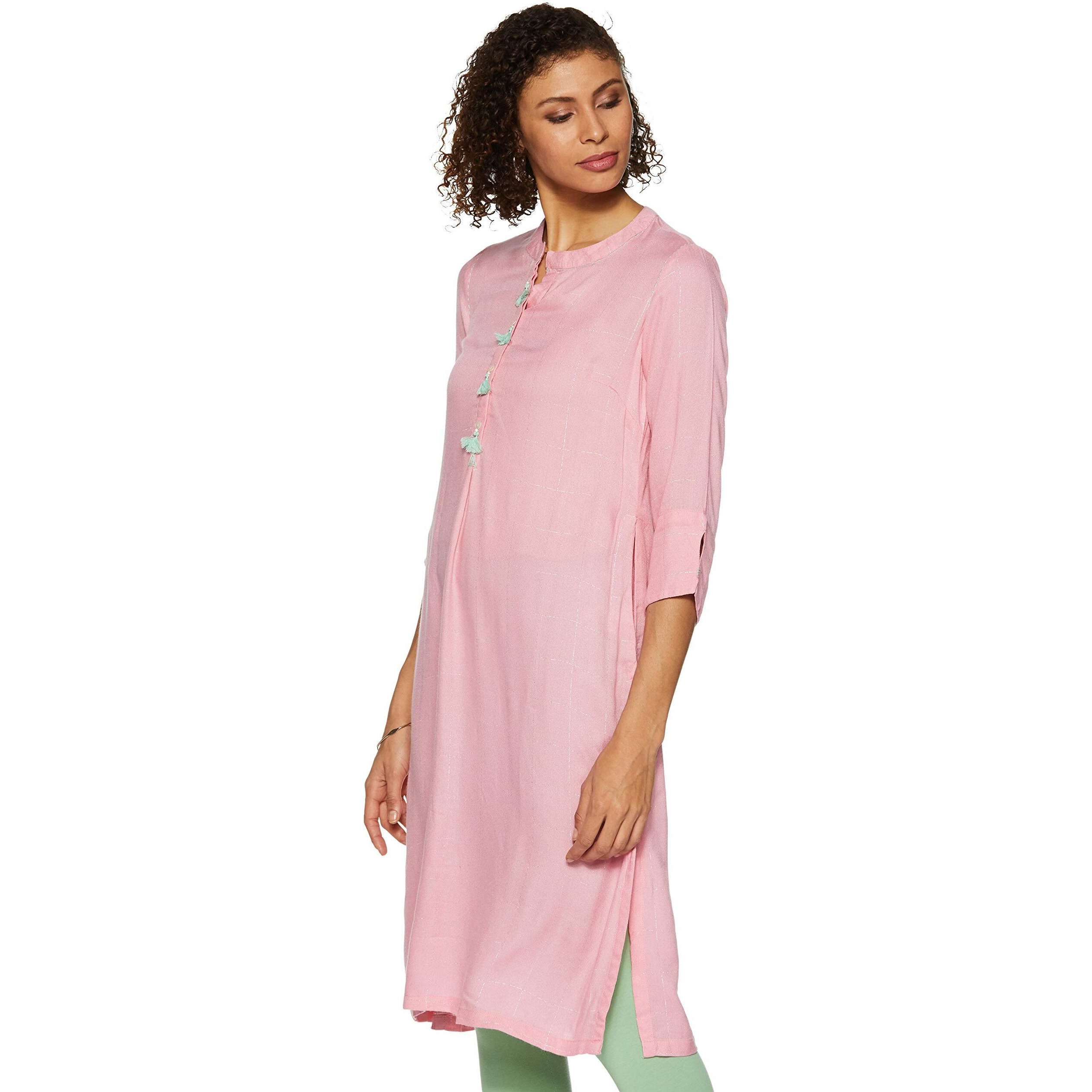 BIBA Womens Mandarin Collar Checked Kurta (Pink, Size 34)